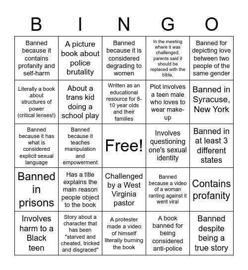 Banned Book Bingo-Period 3 Bingo Card
