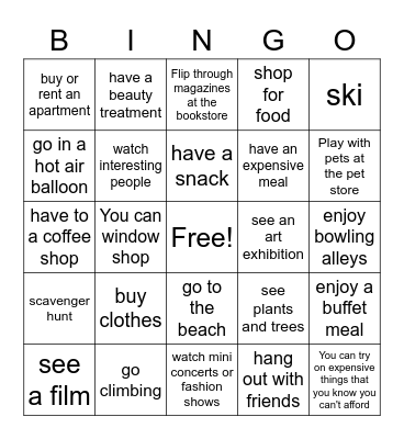 ACTVITIES AT THE MALL Bingo Card