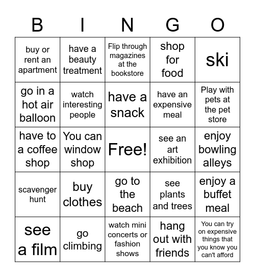 ACTVITIES AT THE MALL Bingo Card