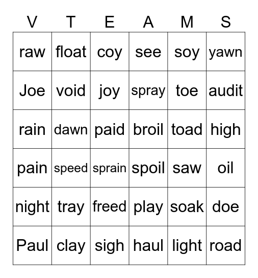 Predictable Vowel Teams Bingo Card