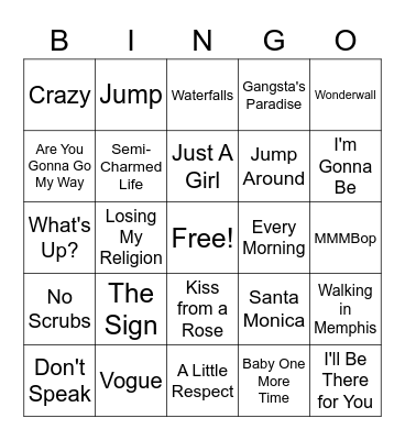 90s Playlist Bingo Card