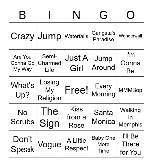 90s Playlist Bingo Card