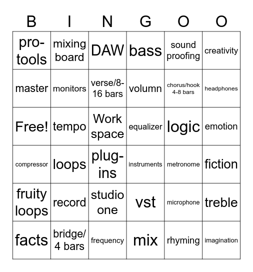 music production Bingo Card