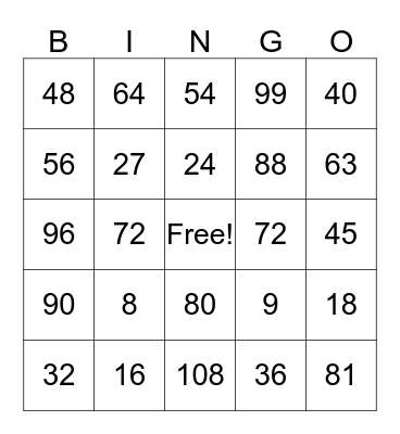 8 and 9 Multiplication Tables Bingo Card