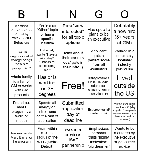 JSnE Mentor Evaluations Tropes Bingo Card