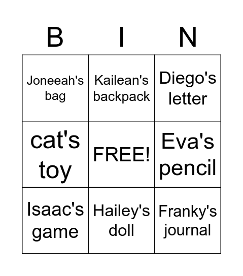 Singular Possessive Nouns Bingo Card