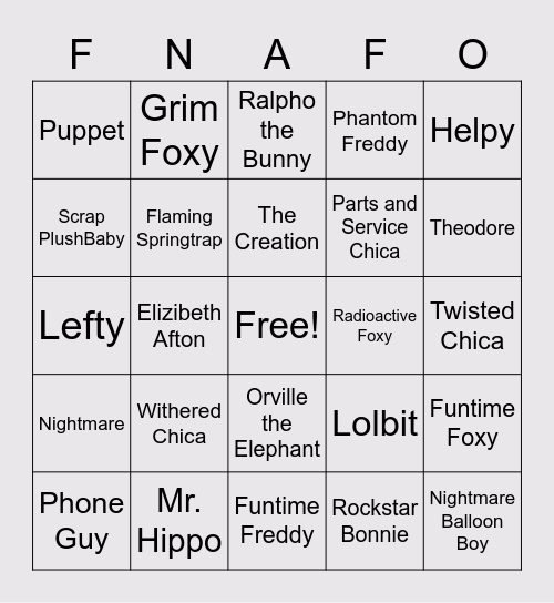 FNAF Bingo Card