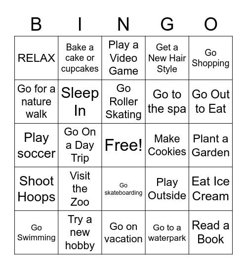 Spring Break Ideas Bingo Card