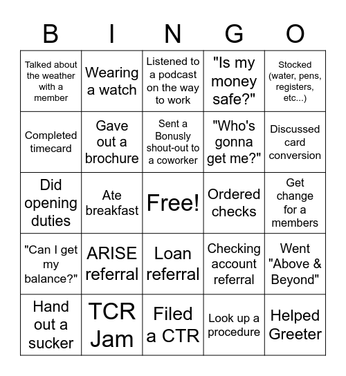 Banking Bingo Card