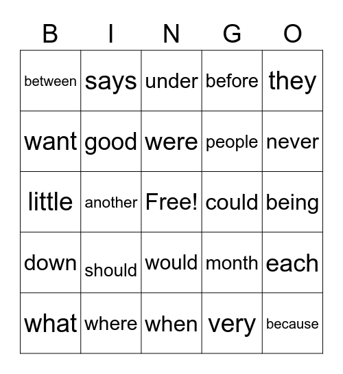 Words to Learn! Bingo Card