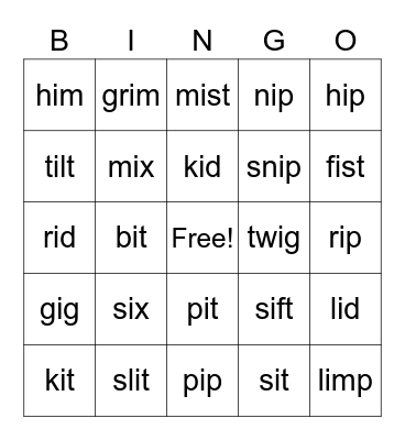 Short /i/ Words Bingo Card