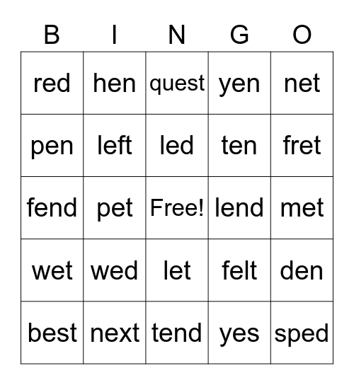 Short /e/ Sound Bingo Card
