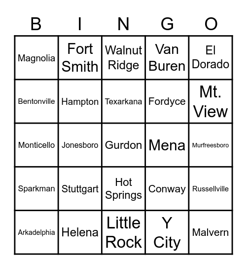 Arkansas Cities & Towns Bingo Card