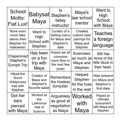 Maya and Stephen's Wedding Guest Bingo Card