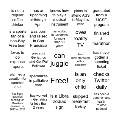 DIVISION of GERIATRICS MINGLE BINGO! Bingo Card