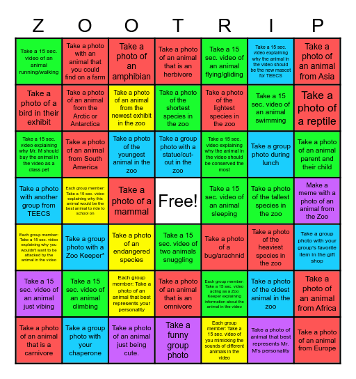 TEECS Philadelphia Zoo 2023 Bingo Card