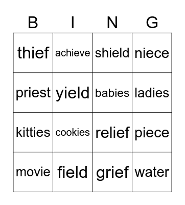 Spelling Words with ie Bingo Card