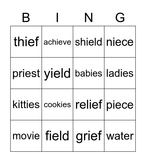 Spelling Words with ie Bingo Card