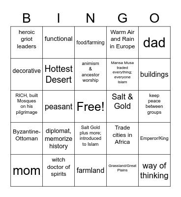 Unit 4 Africa Bingo Card