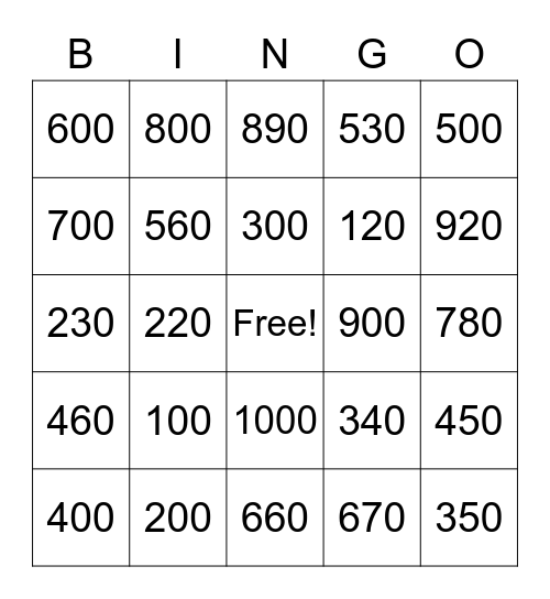 100-1000 Bingo Card