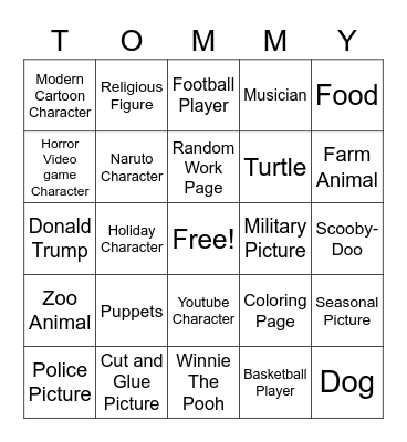 Tommy's Pictures Bingo Card