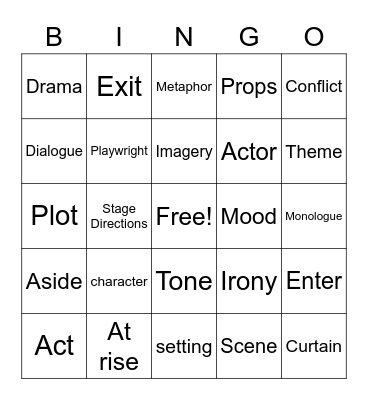 Drama Vocabulary Bingo Card