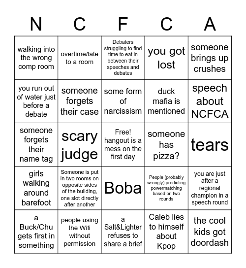 NCFCA Bingo Card