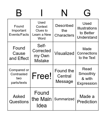 Reading Strategies Bingo Card