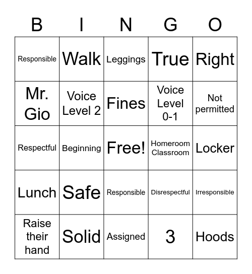 Schoolwide Expectations Bingo Card