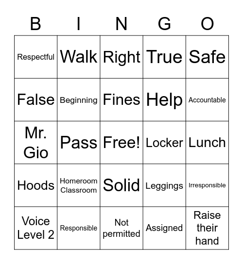 School-Wide Expectations Bingo Card