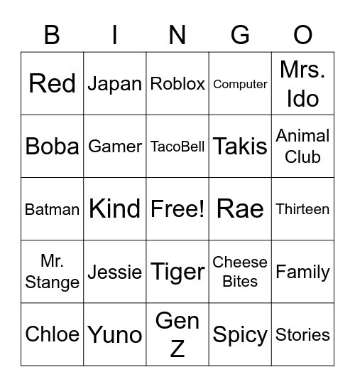 Chloe Bingo Card