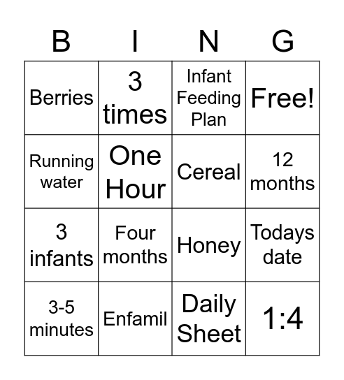 Infant  Bingo Card