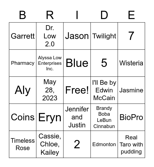 Bridal BINGO Card