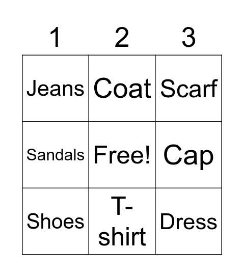 CLOTHES Bingo Card