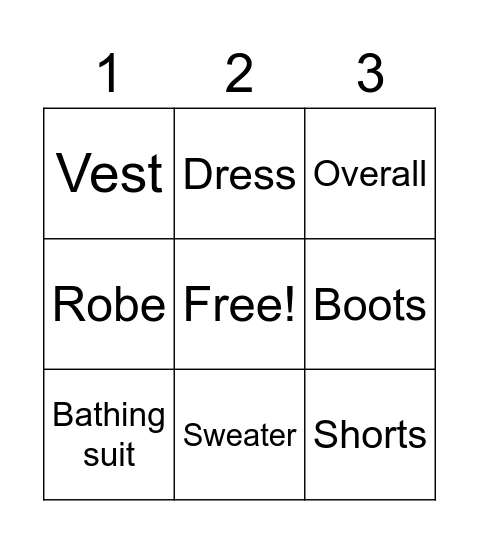 CLOTHES Bingo Card