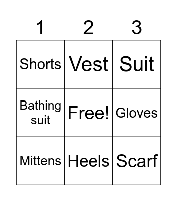 CLOTHES Bingo Card