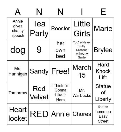 Annie Bingo! Bingo Card