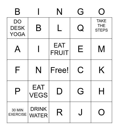 BE HEALTHY Bingo Card