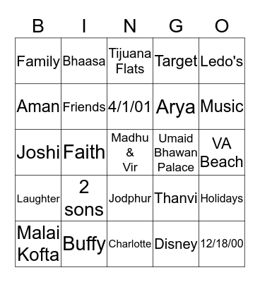 Madhu & Vir's 15th Anniversary Bingo Card