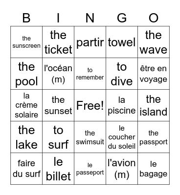 French - Vacation Bingo Card