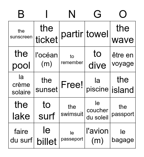 French - Vacation Bingo Card