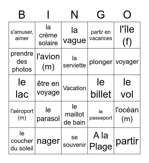 French - Vacation Bingo Card