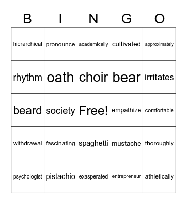 Pronunciation Practice Bingo Card