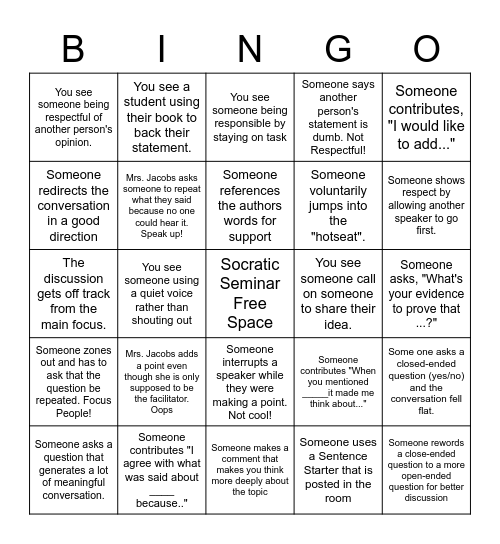 Socratic Seminar Bingo Card