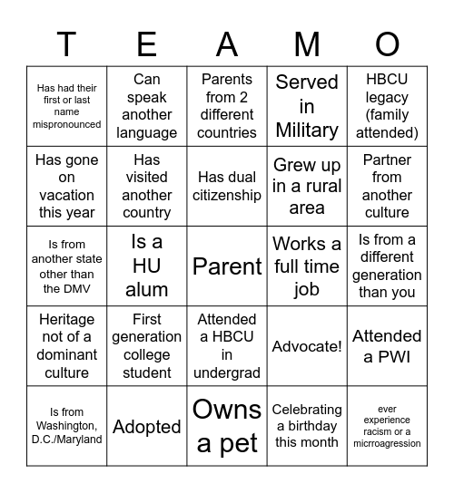 Cultural Bingo Card