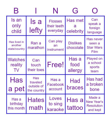 Icebreaker Bingo (Find Someone Who...) Bingo Card