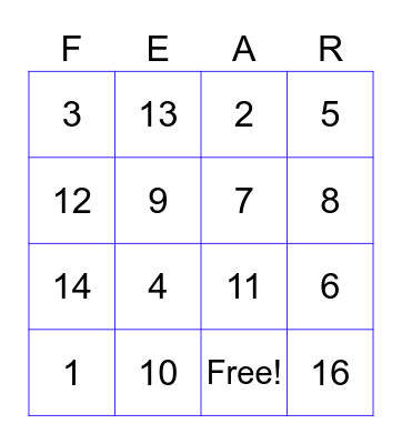 Phobia Bingo Card