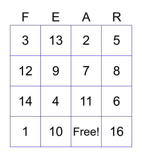 Phobia Bingo Card
