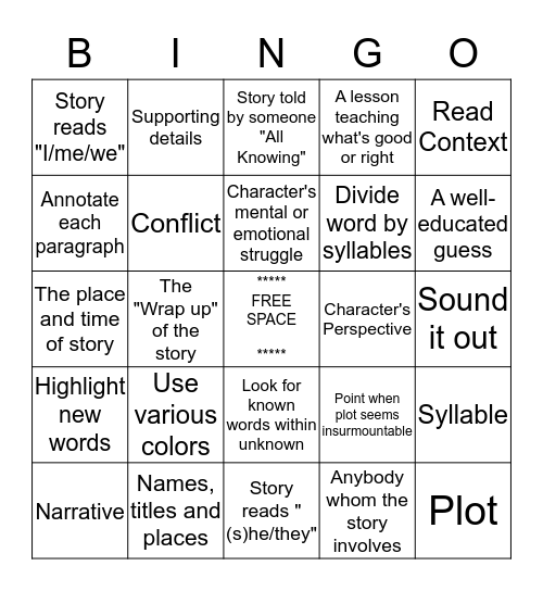 Story Element & Summary Bingo Card