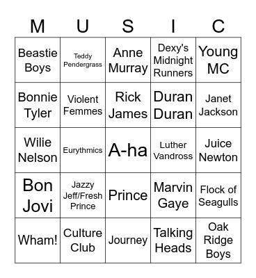 MUSIC BINGO 80's & 80's (67) Bingo Card